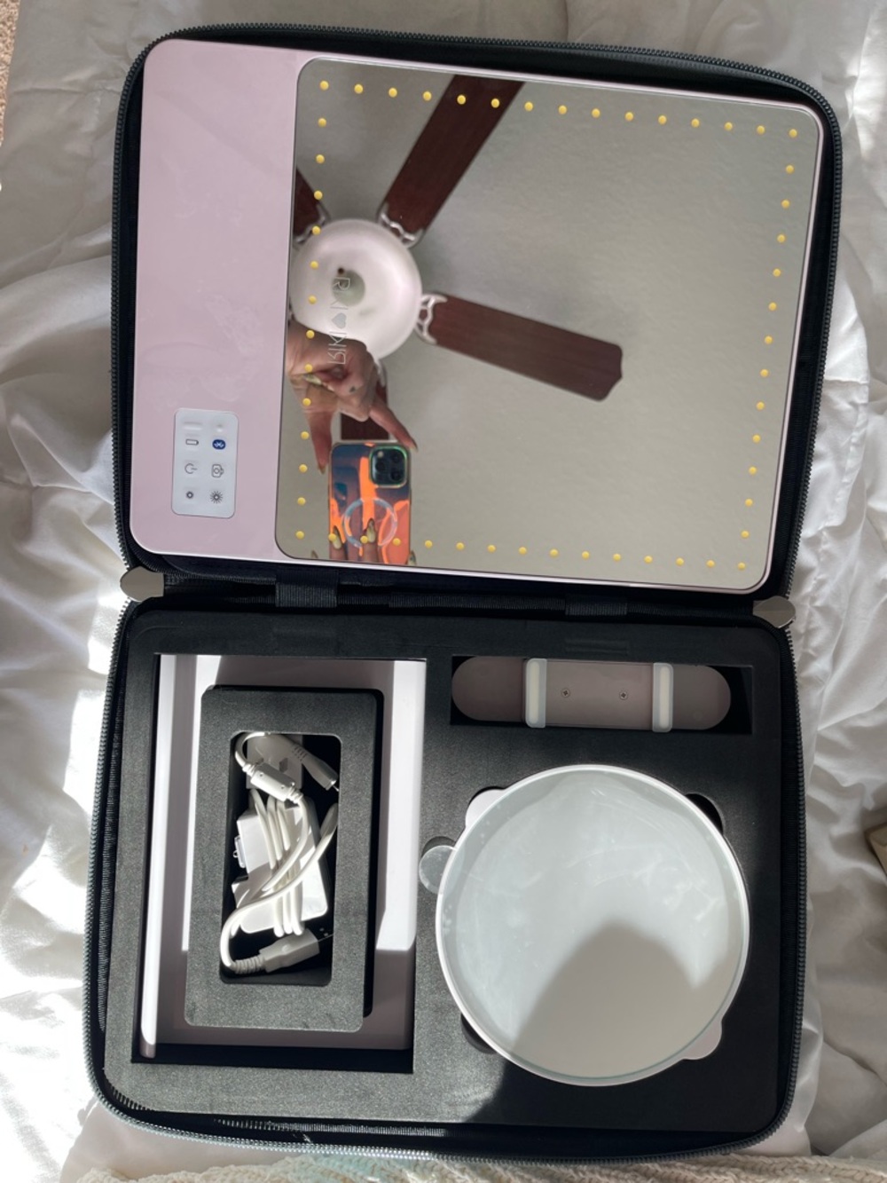 Pink LED Lighted Makeup Mirror Case with Storage